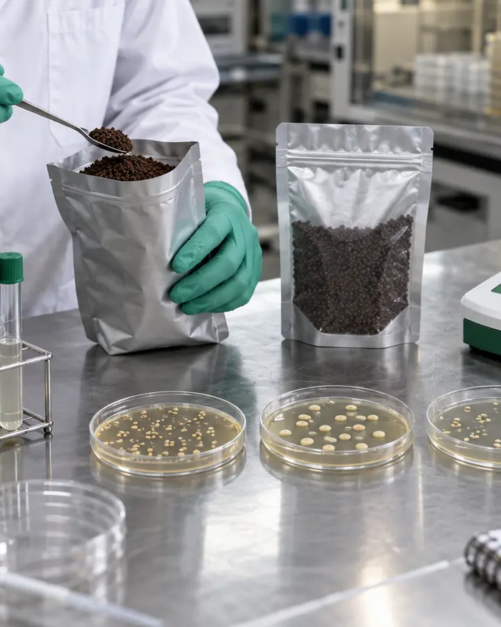 Mikrobiologietechniker bei der Probenahme einer dunklen humatbasierten Bacillus-Formulierung neben Verdünnungsröhrchen, Kulturplatten, Rückstellmuster und Stabilitätsgeräten