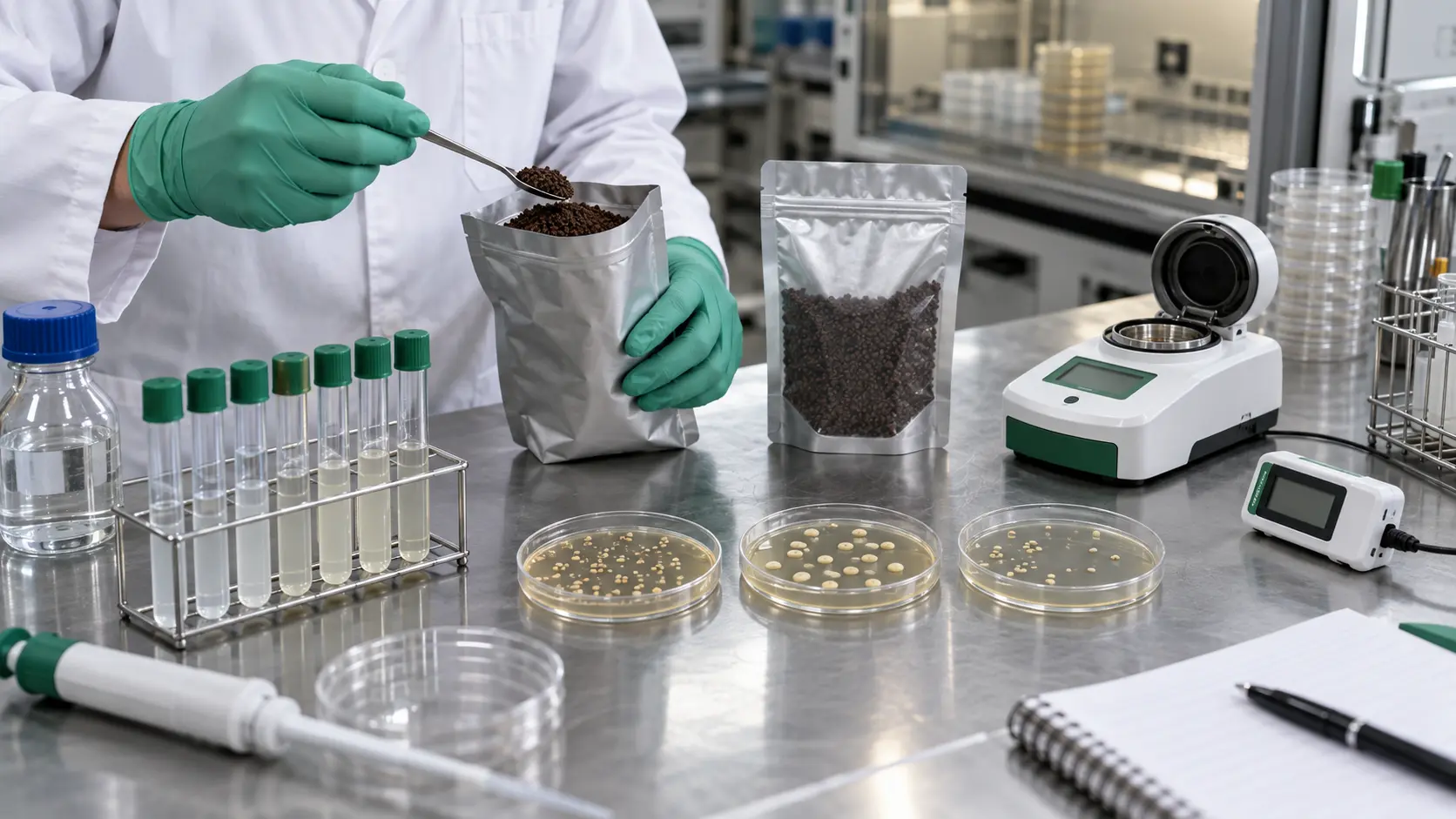 Seri seyreltme tüpleri, kültür plakları, kapalı şahit numune ve stabilite cihazları yanında koyu humat bazlı Bacillus formülasyonundan örnek alan mikrobiyoloji teknisyeni