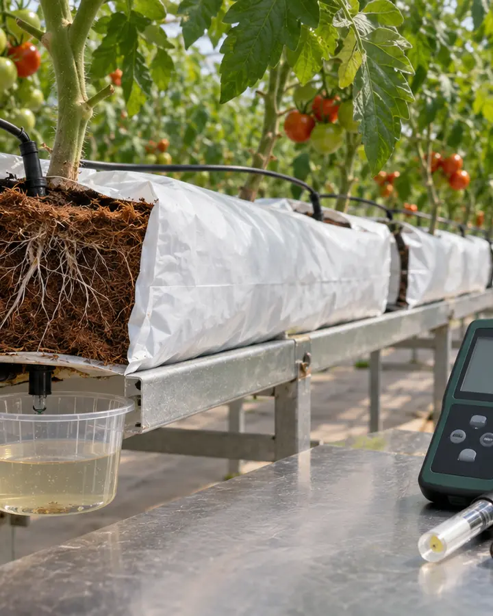 Tomatenversuch im Gewächshaus auf Kokossubstrat mit sichtbaren Wurzeln, Tropfer, aufgefangenem Drain und mobilen pH-/EC-Sonden