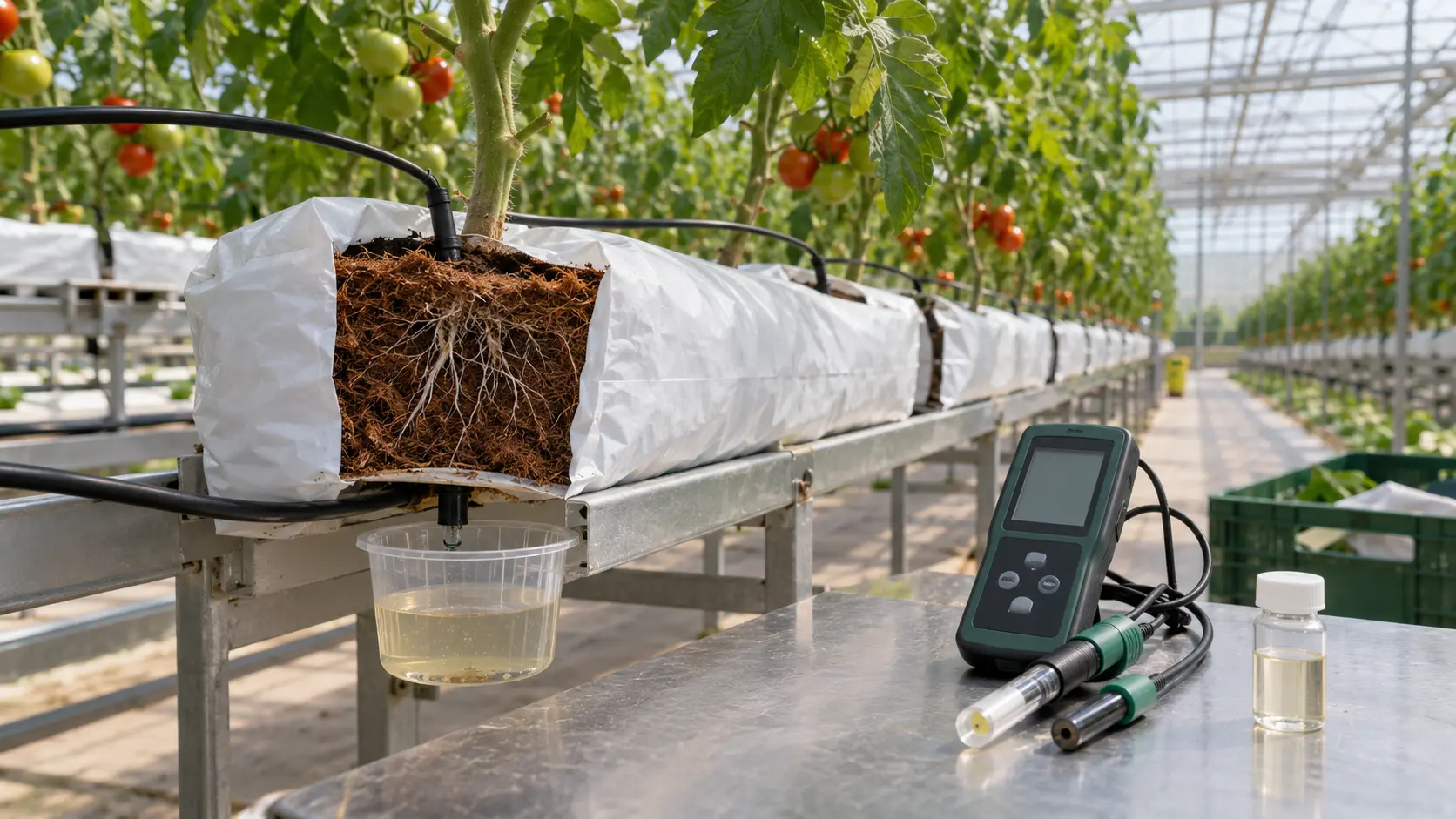 Essai de tomate sous serre en sacs de fibre de coco avec racines visibles, goutteur, drainage recueilli et sondes portatives de pH et CE