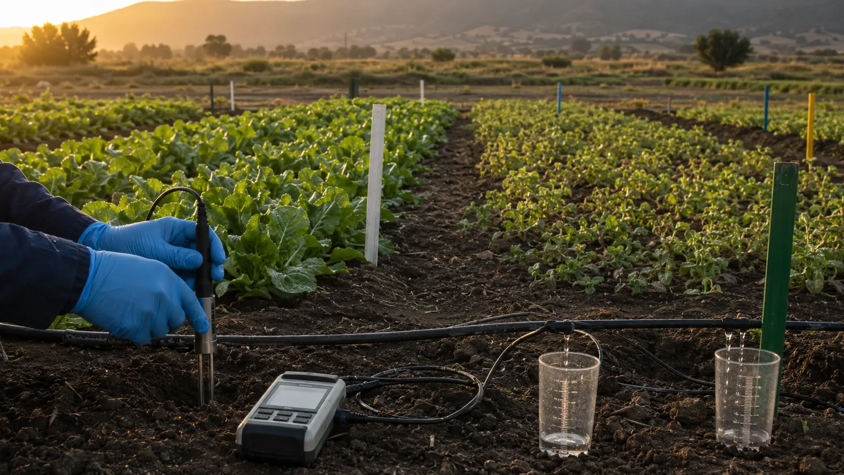 Deficit-irrigation field trial with contrasting crop plots, drip lines, emitter catch cups and a root-zone soil-moisture probe
