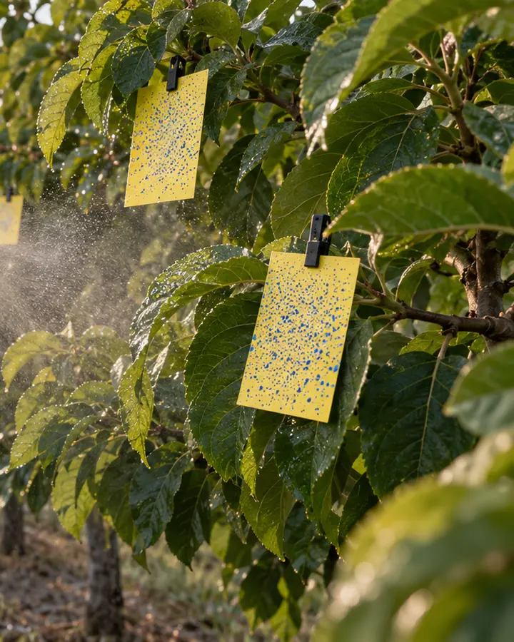 Kontrollierter Blattversuch im Obstbau mit wassersensitiven Spritzkarten, kalibrierter Lanze und mobilem Wettermessgerät