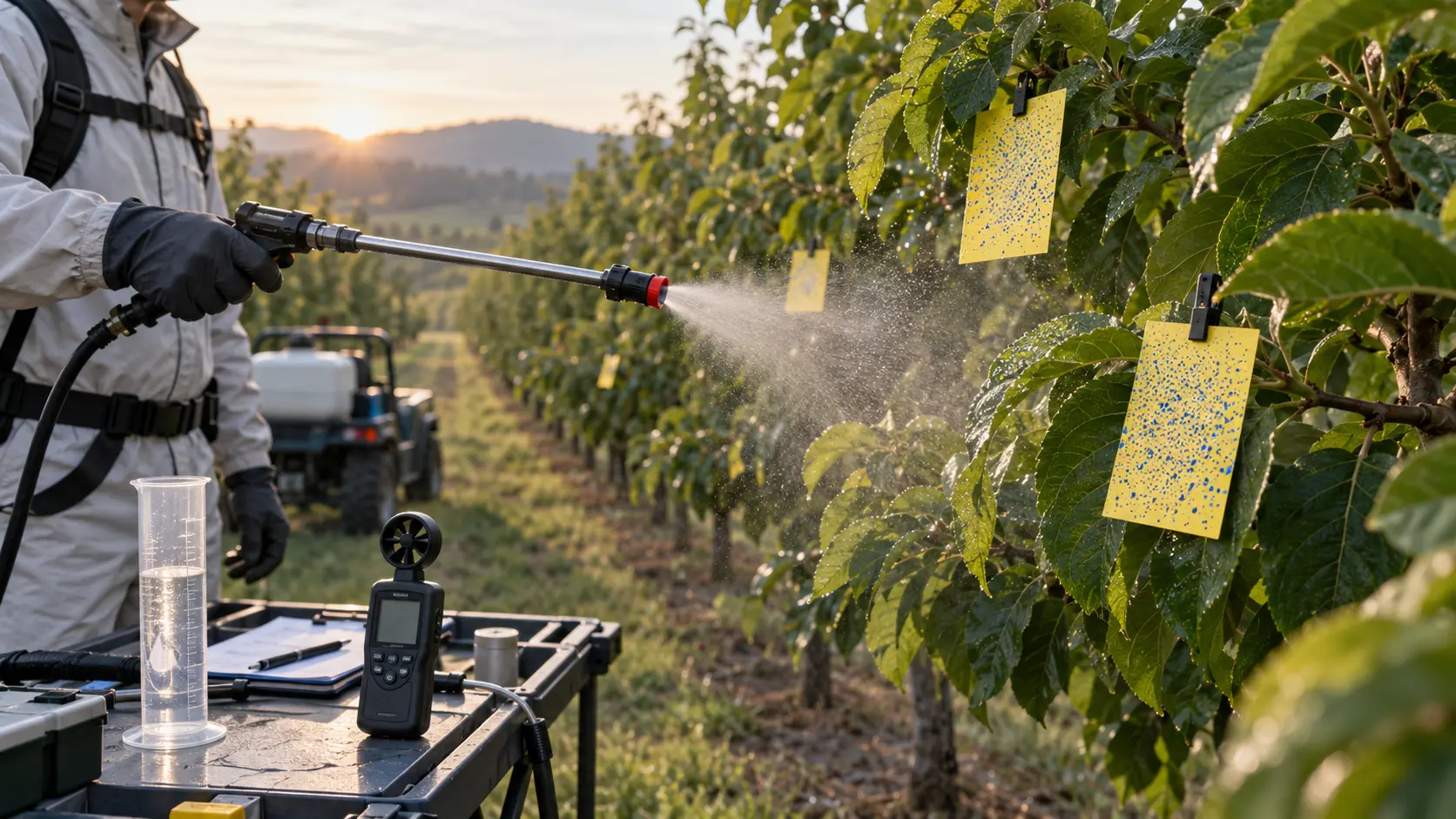 Controlled orchard foliar-spray trial with water-sensitive cards showing droplet coverage, a calibrated spray lance and a portable weather meter