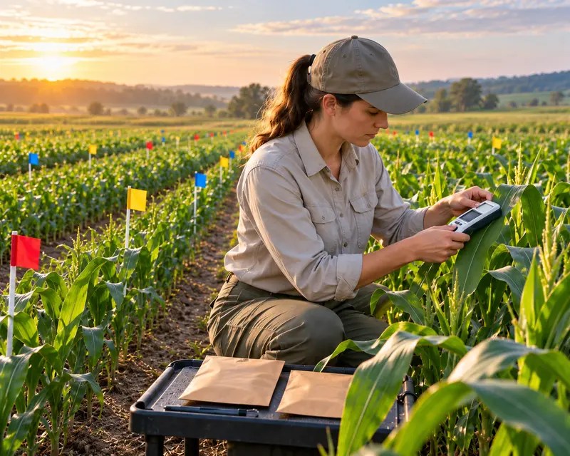Agronomin misst ein Maisblatt in einem wiederholten Feldversuch mit schlichten Parzellenfahnen und Probenumschlägen