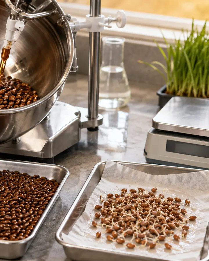 Seed-treatment laboratory with a coating drum, untreated and humic-coated cereal seeds, and a germination test with emerging radicles