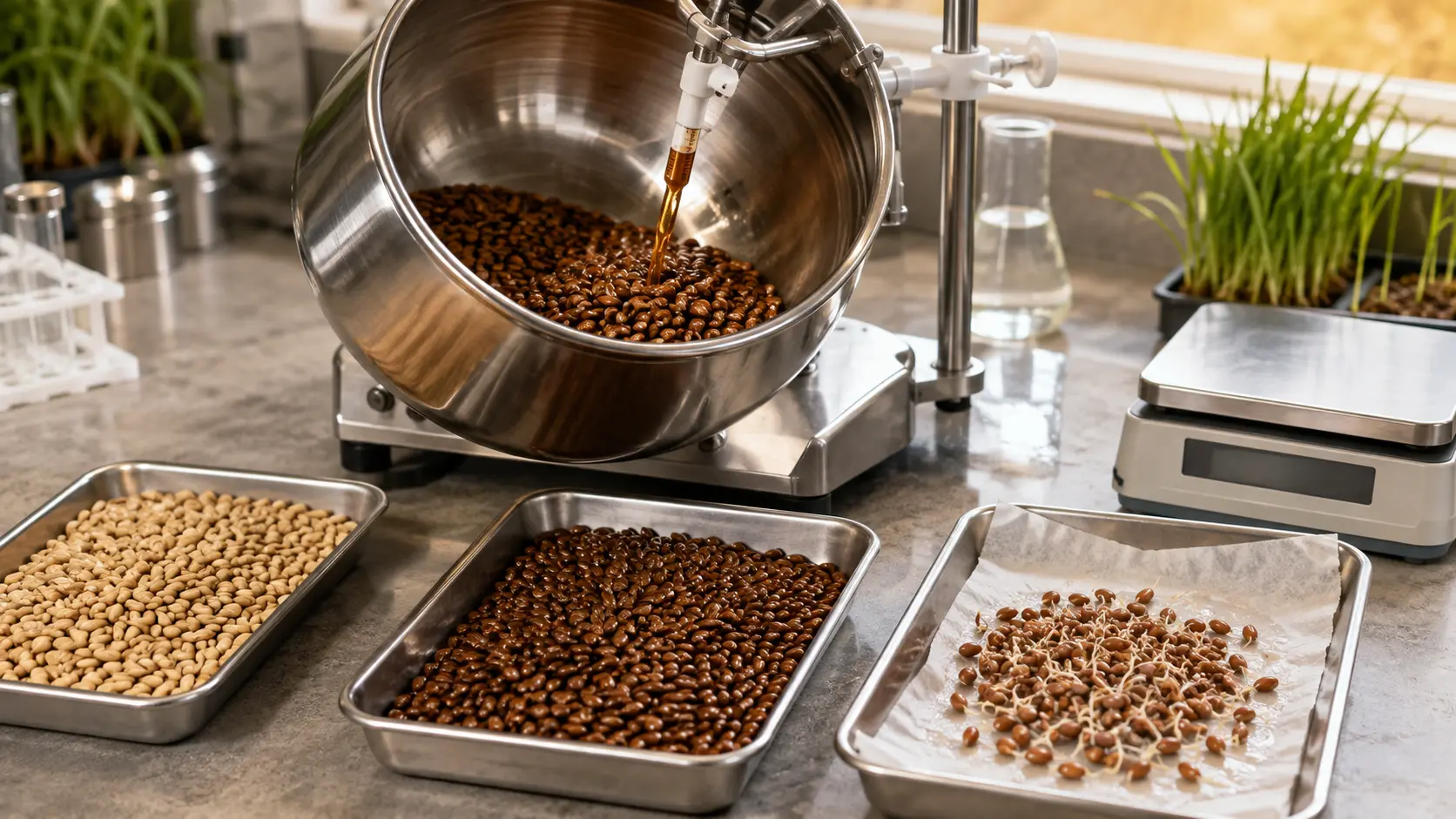 Seed-treatment laboratory with a coating drum, untreated and humic-coated cereal seeds, and a germination test with emerging radicles
