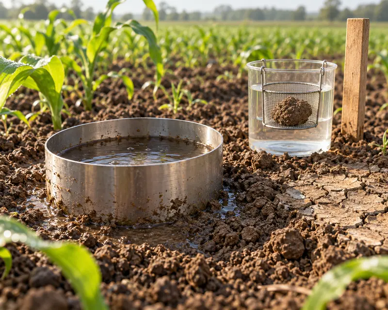 Feld-Infiltrationsringe zum Vergleich von krümeligem und verkrustetem Boden neben einem Slake-Test