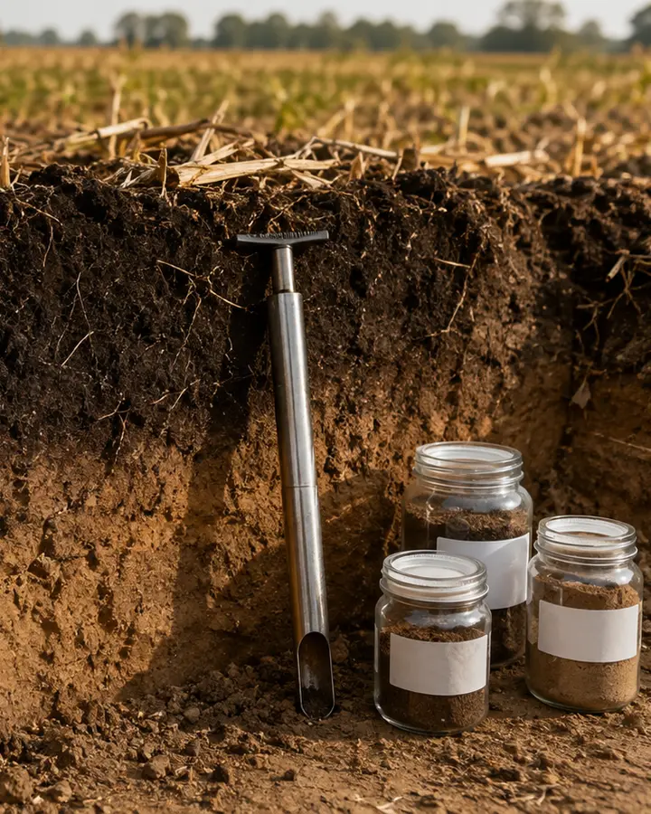 Cultivated soil profile showing crop residues, roots, dark topsoil, mineral subsoil and representative soil samples