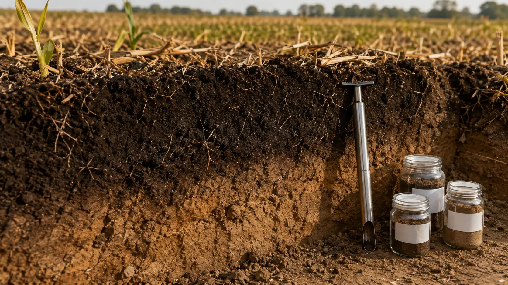 Cultivated soil profile showing crop residues, roots, dark topsoil, mineral subsoil and representative soil samples
