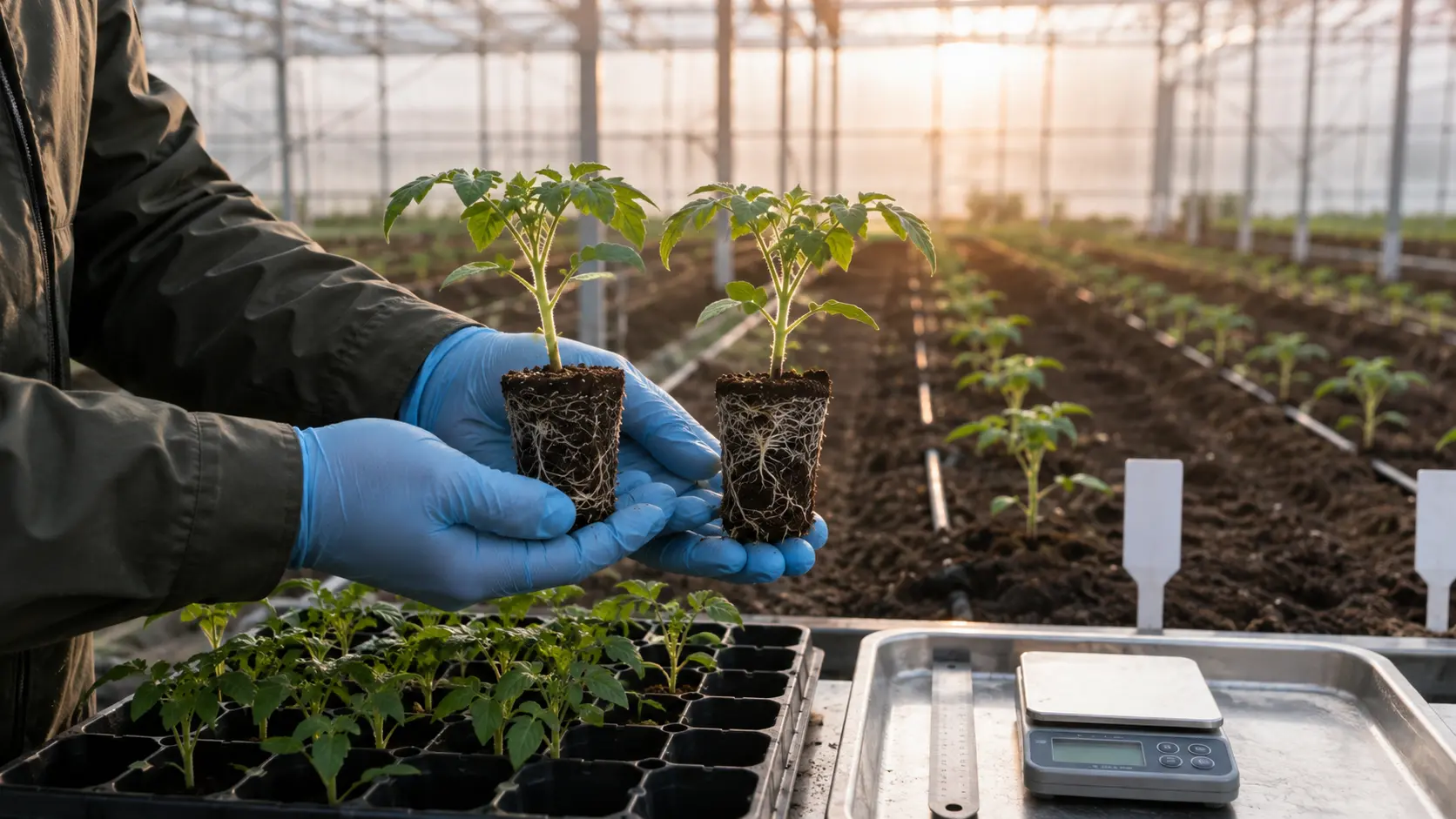 Agronomist comparing two intact vegetable seedling root plugs beside a propagation tray, measurement tools and newly transplanted greenhouse rows