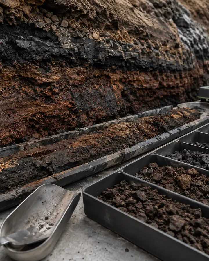 Oxidized leonardite seam and representative raw-material samples prepared for quality control