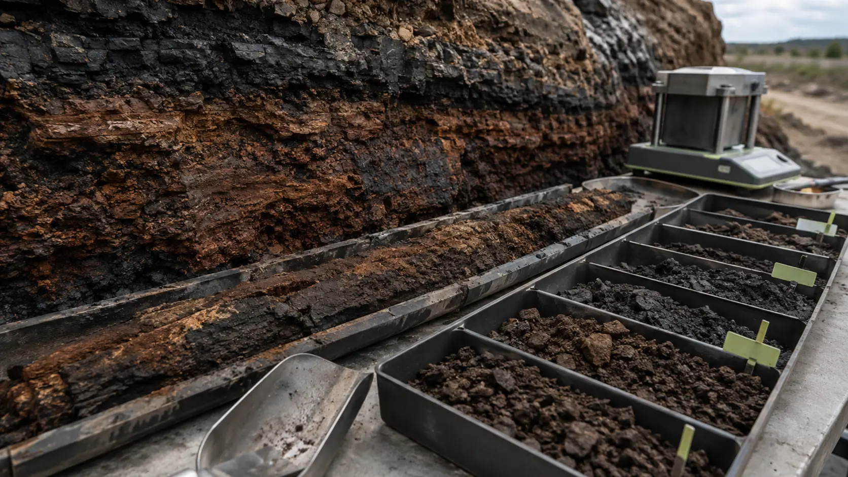 Oxidized leonardite seam and representative raw-material samples prepared for quality control