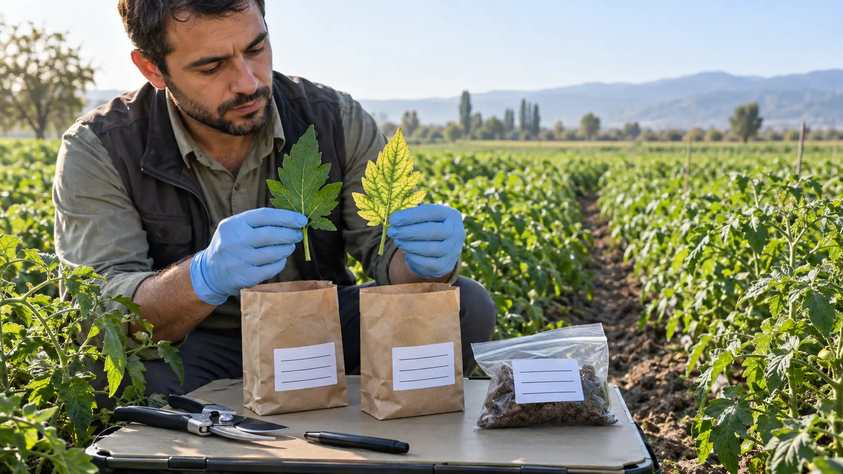 Agronomin trennt gesunde und chlorotische Blätter für eine Paaranalyse in Papiertüten