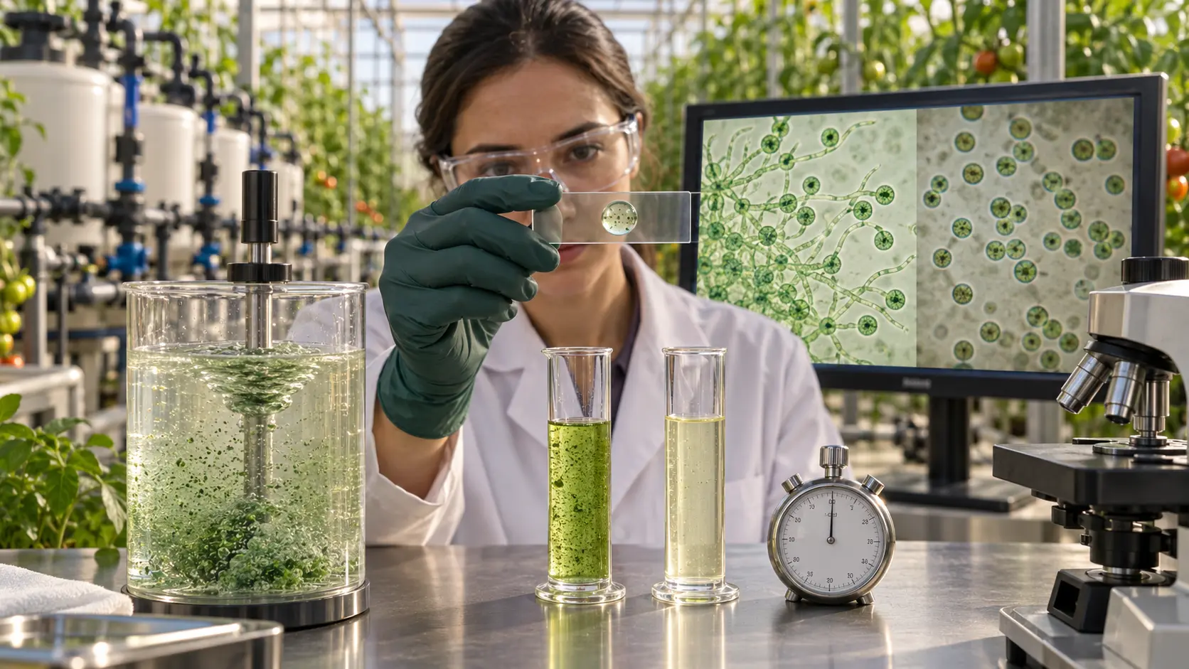 Sera agronomistinin taze tank karışımı numunesini kontrol silindirleri, kronometre ve çimlenen–çimlenmeyen Trichoderma konidilerinin mikroskop görüntüleriyle karşılaştırması
