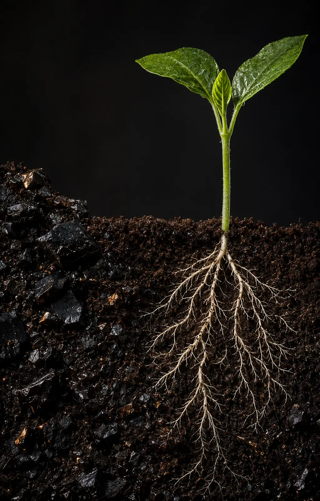 Young plant rooted in leonardite-rich soil