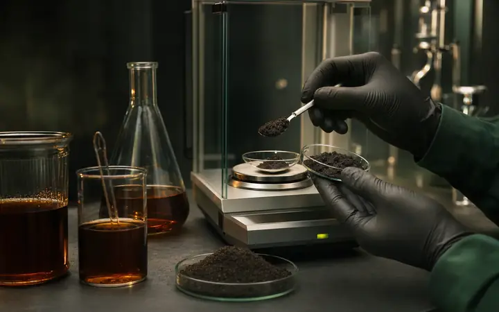Quality-control laboratory evaluating humic product samples and batch documents